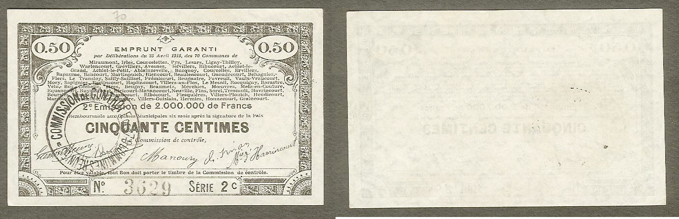 Lending certificate 50 centimes used 70 communes 1915 AU